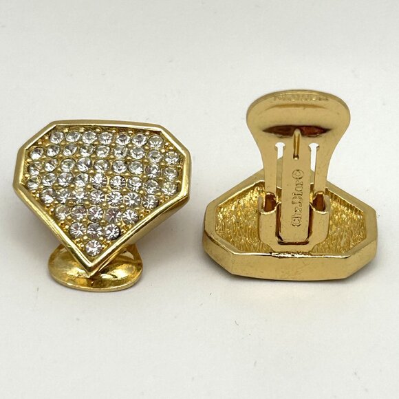 Vintage Christian Dior Clip on Earrings Gold Tone Pave Rhinestone Signed - Picture 1 of 12